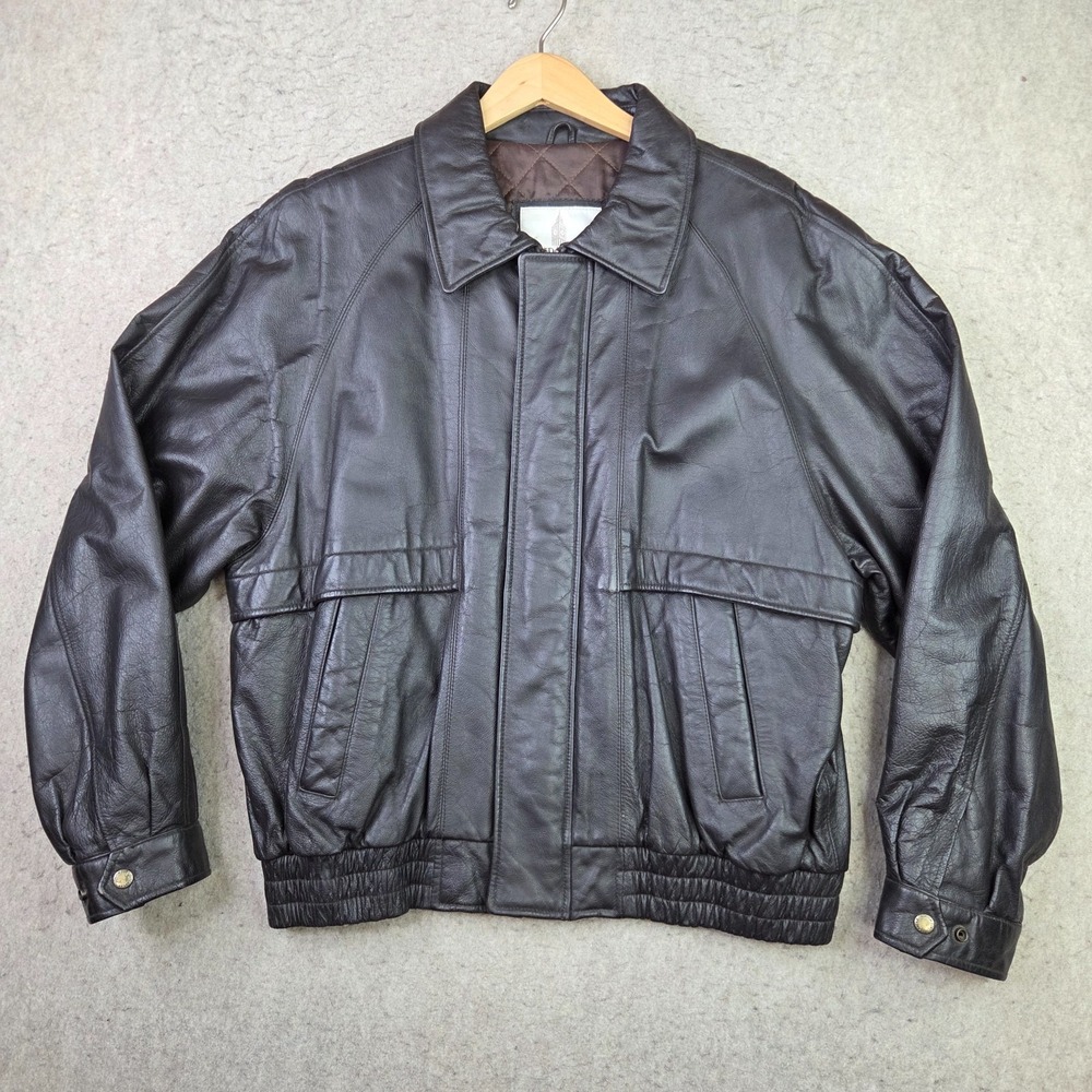 Y2K London Fog Leather Jacket Mens L Brown Bomber Biker Full Zip 90s Vintage
